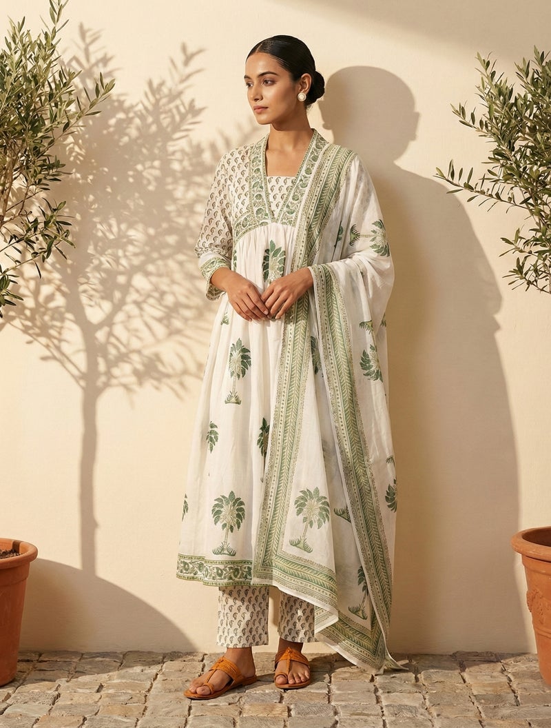 trueBrowns White Green Printed Anarkali Kurta Pant Dupatta Set - Image 1